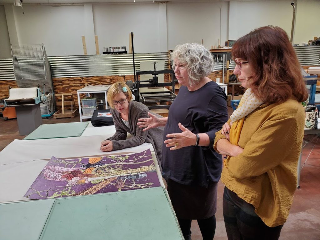 School of Visual Philosophy visit and Print Chat 2019. Pictured from left: Dana Harris, Katherine Levin-Lau, Robyn Smith.