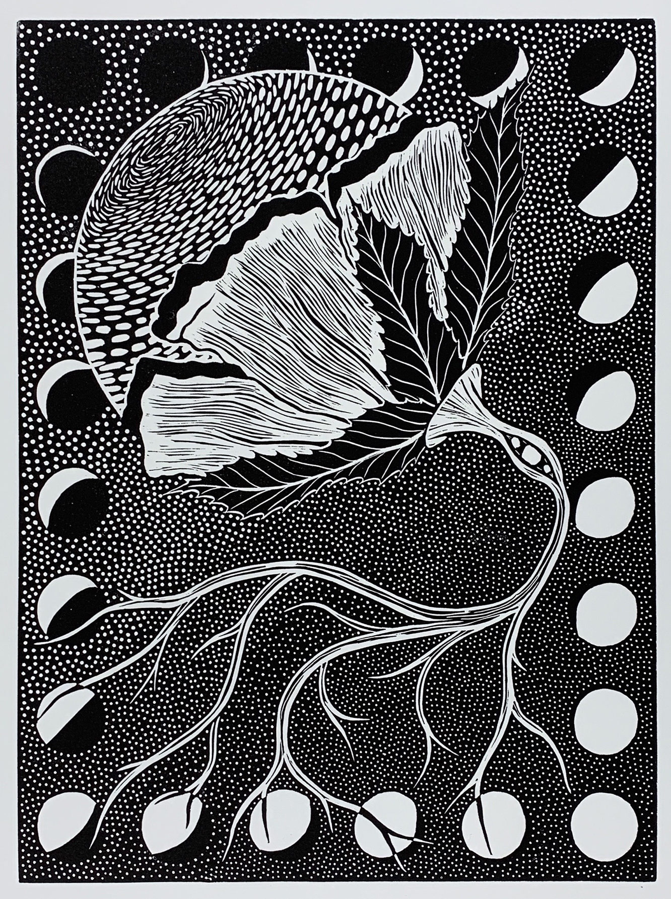 Erica Barajas "Burgeoning Transitions" linocut, 11 x 14, 2020