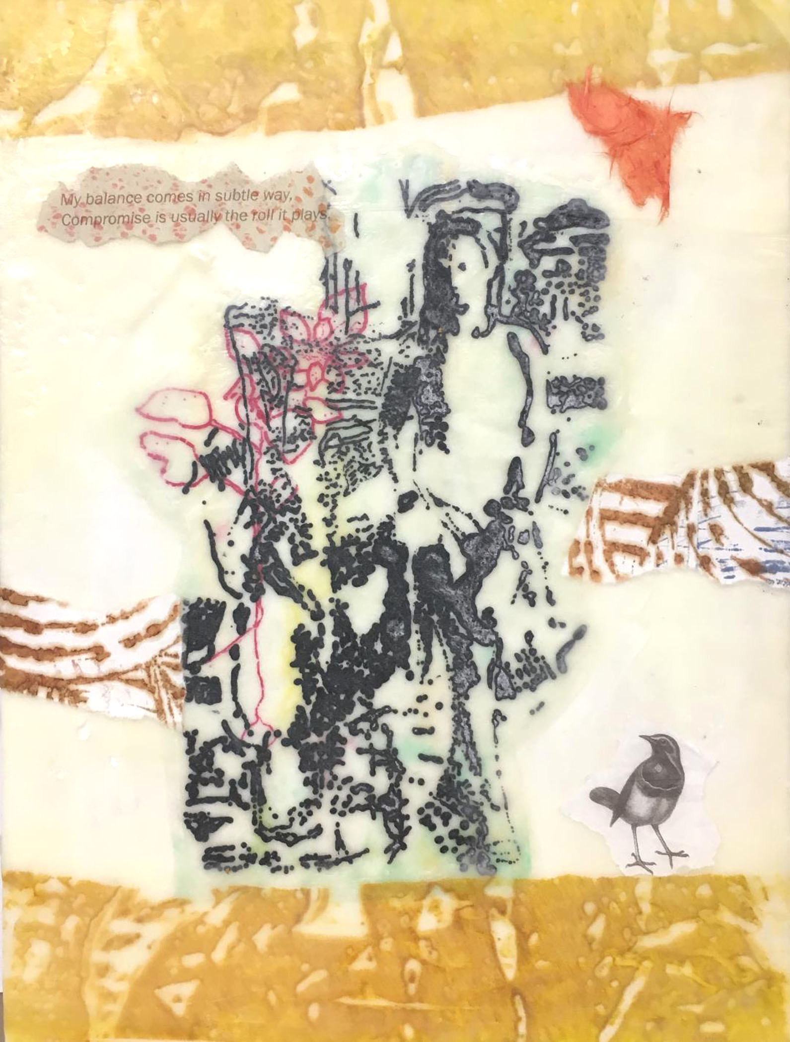 Bonnie Randall Boller "Searching for Meaning" printmaking & encaustic mixed media 16" x 12" 2019
