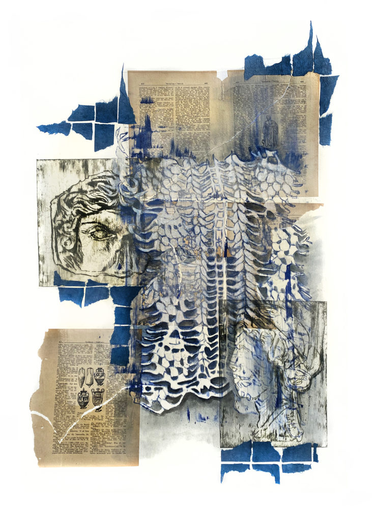 Kate Deak "Skopelos ενα" drypoint, etching, gouache, collage 30" x 22.5" 2019