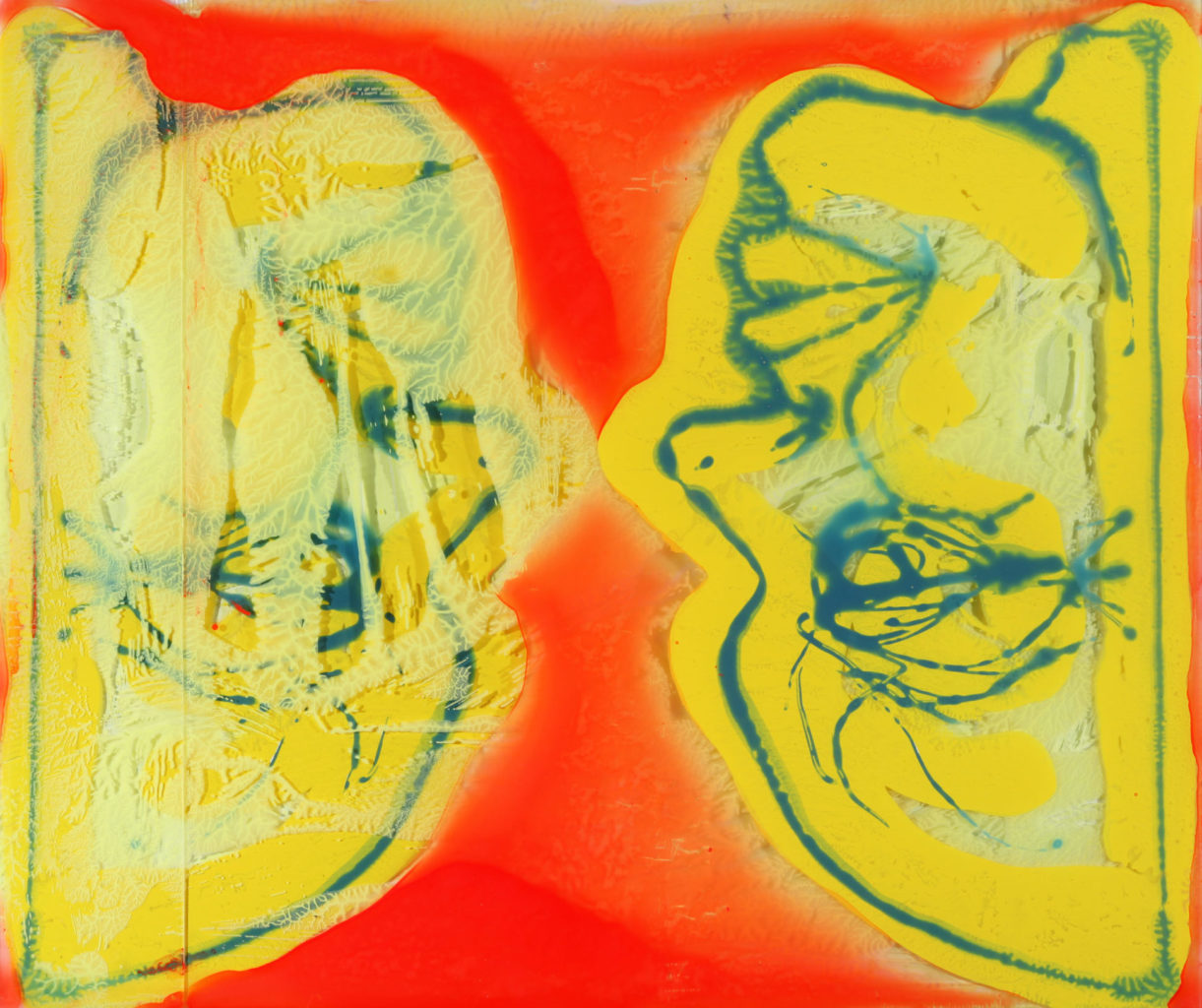 Nikolas Soren Goodich “Inverted Double Portrait” (The Old Old Me and the New New Me too) acrylic monotype on layered plexiglass on wood panel 24" x 28.5" 2020