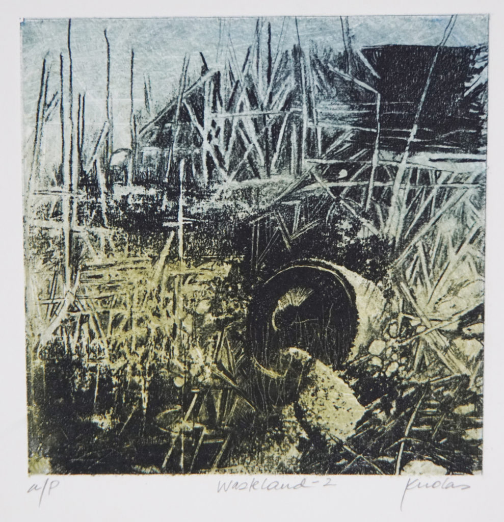 Danguole Rita Kuolas "Wasteland" photopolymer etching 7" x 7" 2019