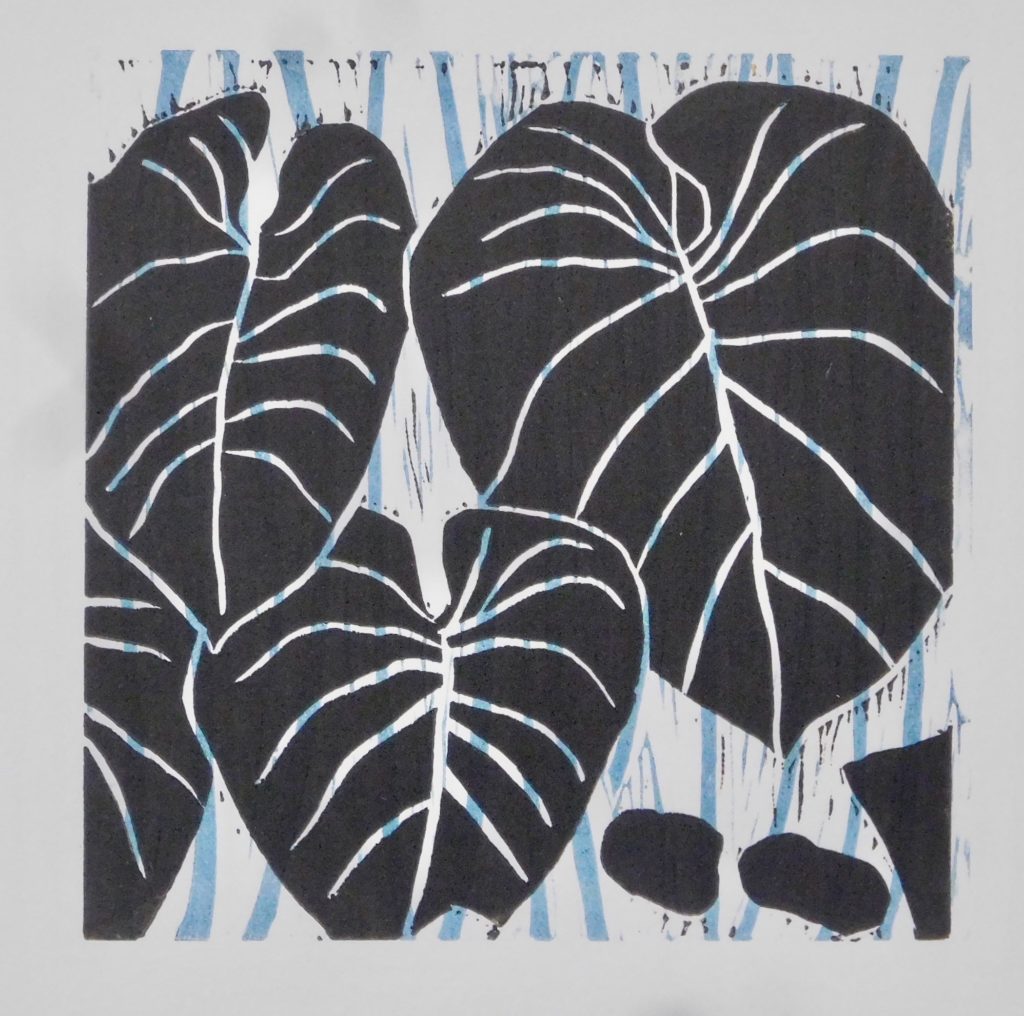 Dixie Laws “Square Philodendron - Black” color linocut 6" x 6" 2019