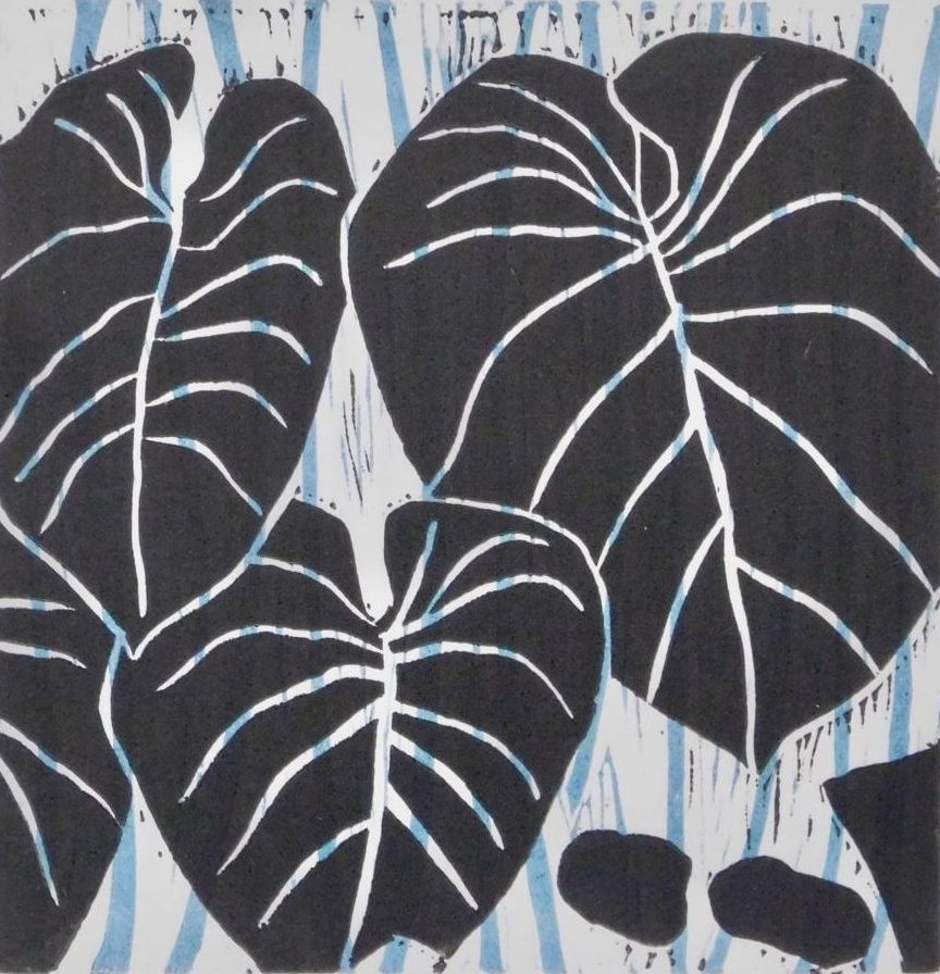 Dixie Laws “Square Philodendron - Black” color linocut 6" x 6" 2019