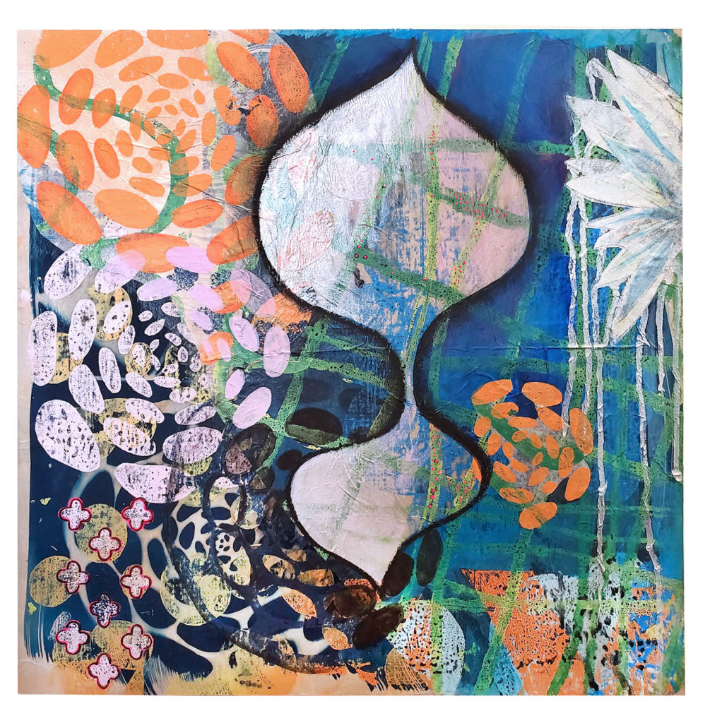 Ashley Rodriguez Reed "Shimmer" block print, cyanotype and paint on paper