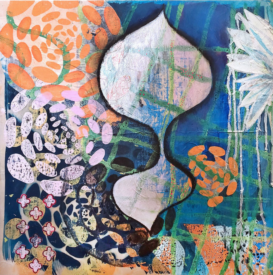 Ashley Rodriguez Reed "Shimmer" block print, cyanotype and paint on paper