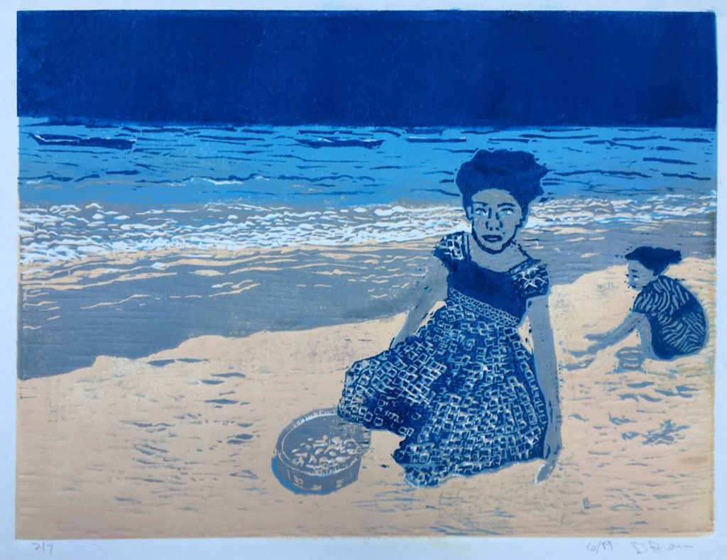 Donna Brown “Zanzibar Girls” reduction woodcut 12" x 16" 2019