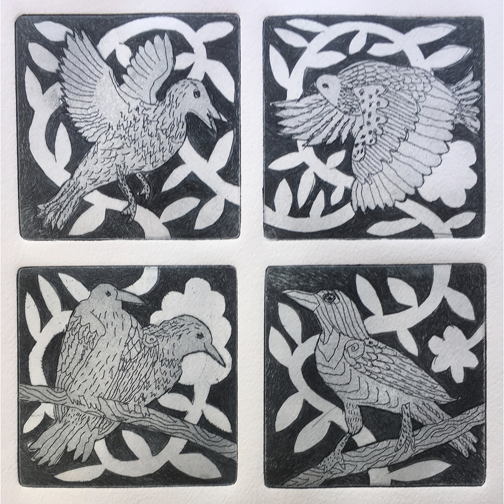 Dana Zed, For Birds in Community, 4 Clouds, 13 Feathers, One Egg, etching, 7.5" x 6", 2019