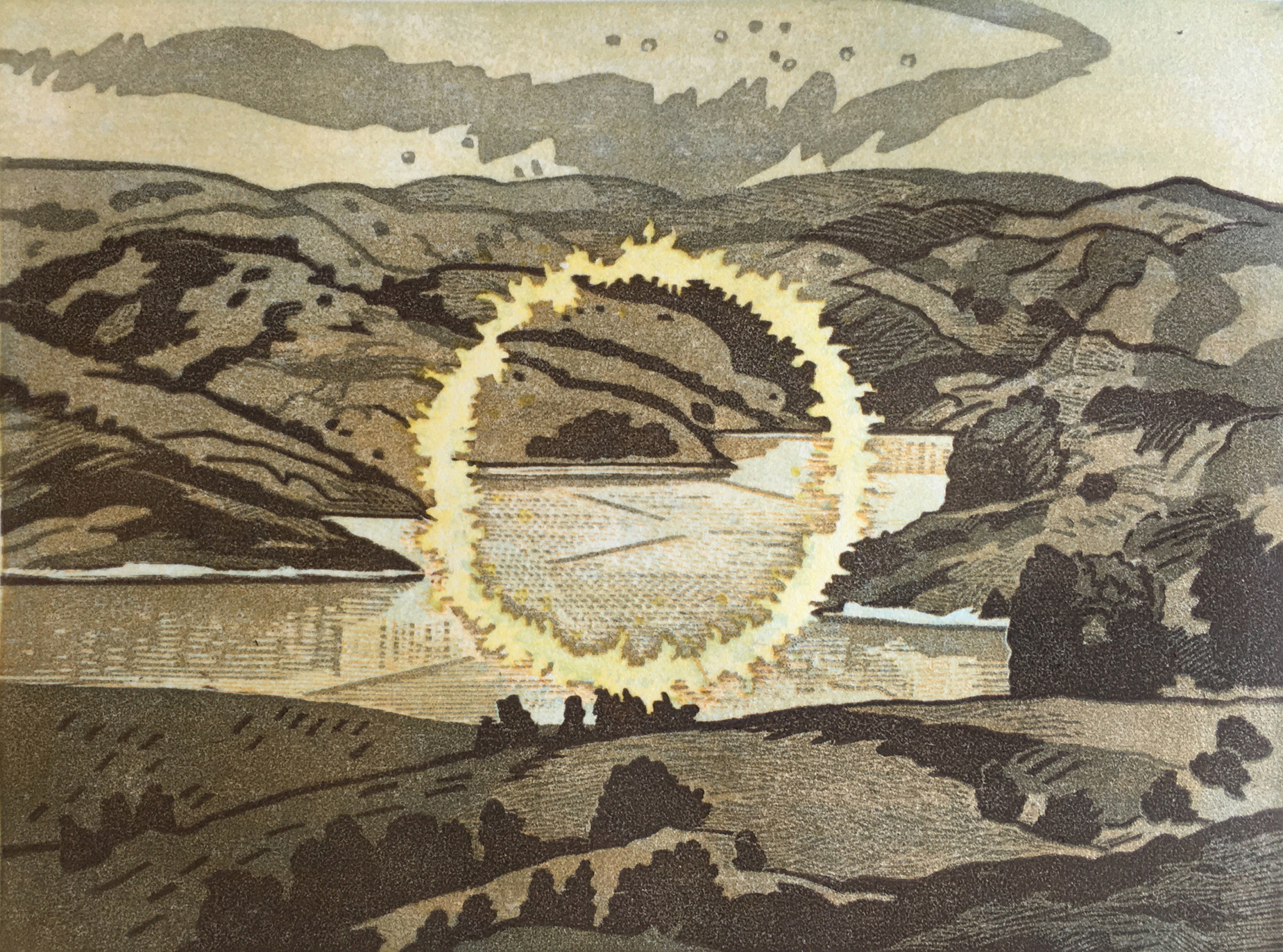 Donna Westerman, Ring of Fire at Briones, multiple block reduction woodcut, 9 x 12 in, 2020