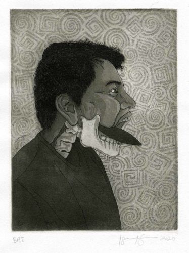 Israel Campos, Self-Portrait with Tecpatl, Etching and aquatint, 8 x 6 in, 2020