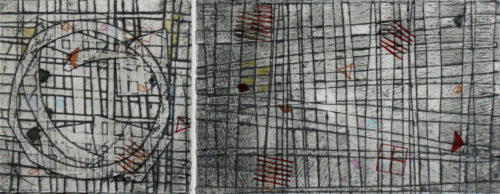 Jami Taback, Wayfinding 2, Collagraph Print Diptych with Letterpress on Handmade Paper, 18 x 12 in, 2020