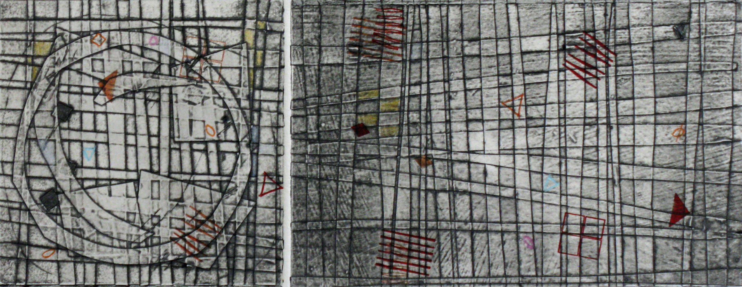 Jami Taback, Wayfinding 2, Collagraph Print Diptych with Letterpress on Handmade Paper, 18 x 12 in, 2020