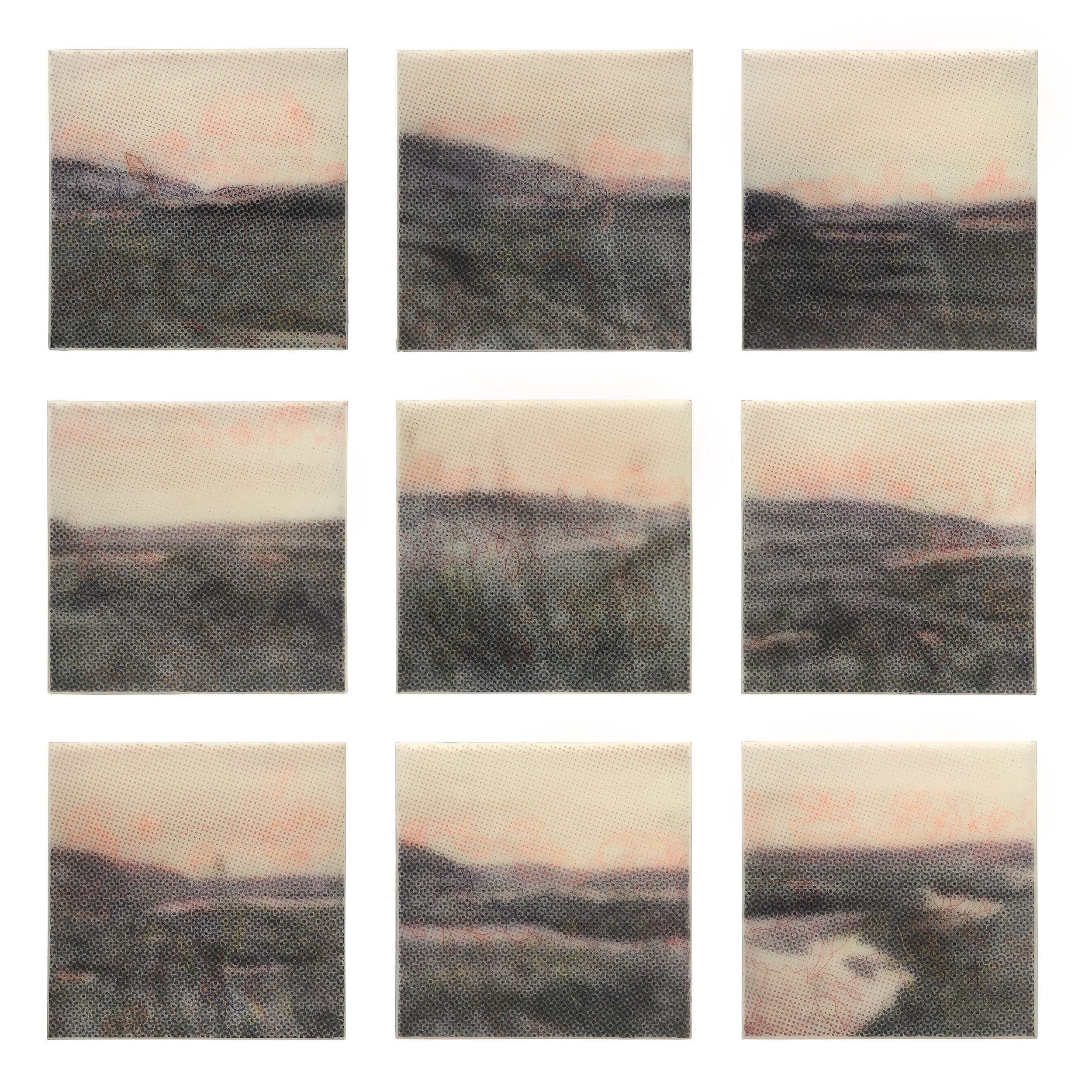 Karen Gallagher Iverson, Wine Dark Tides, Point Reyes Tidal Flats 1-9, Pochoir printed and drawn colored pastel on wax on nine panels, 18 x 18 in, 2019