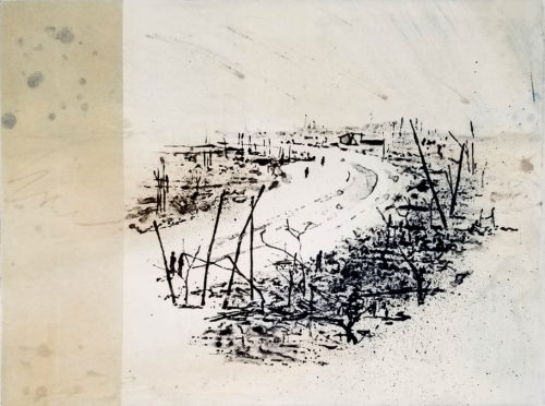 Linda Yoshizawa, Mecha Kucha, Solarplate etching and collage, 6 x 8 in, 2018