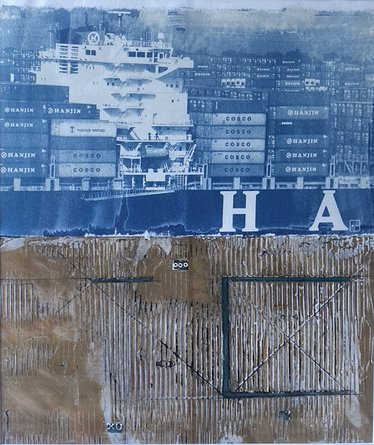 Michael OShea, Hanjin in Hanjin out, Collagraph and Cyanotype, 24 x 18 in, 2019