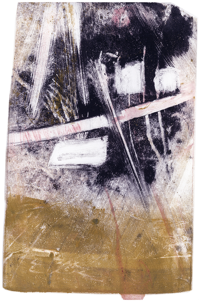 Barbara Jacobs,  Flight to the Edge, Monotype soy based inks on paper,  13 in x 9 in,  2019