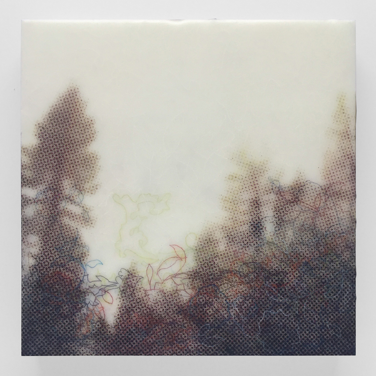 Karen Gallagher Iverson, Crest From Below, Tahoe Tree Line 6, Pochoir printed and drawn colored pastel on wax on panel, 10 in x 10 in, 2018