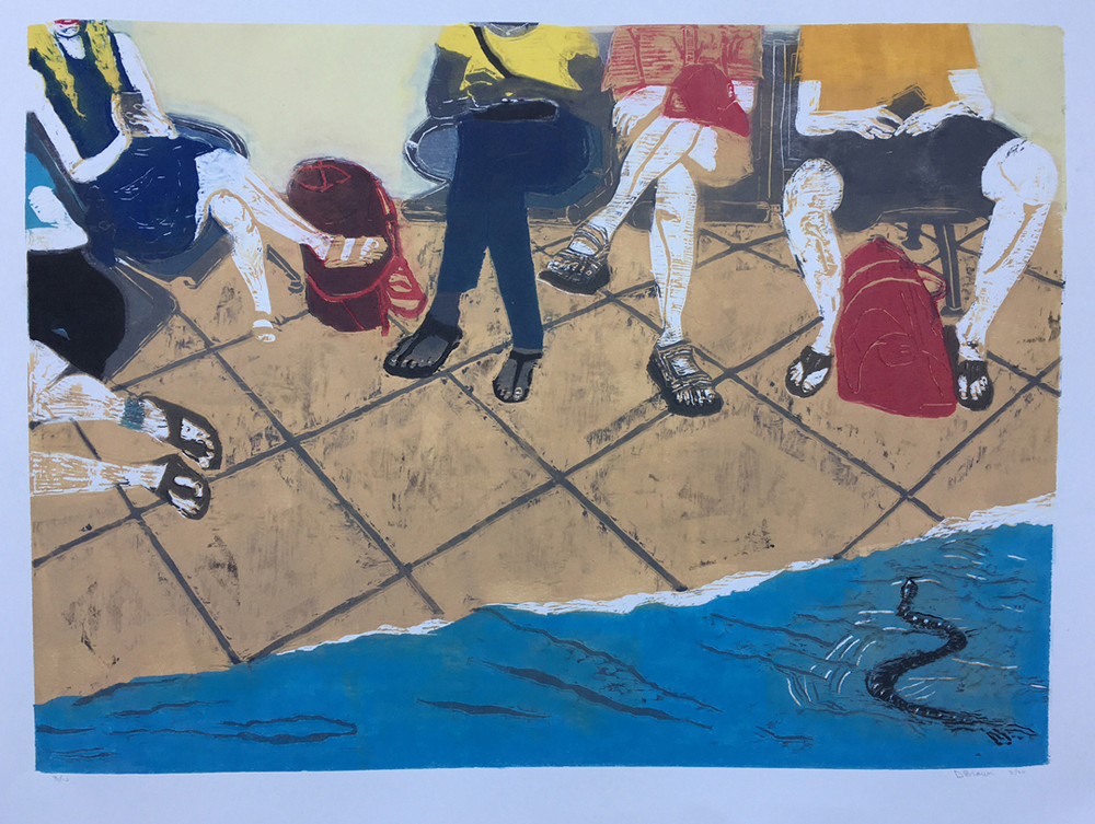 Donna W Brown, No Swimming, Reduction Woodcut, 24 in x 42 in, 2020