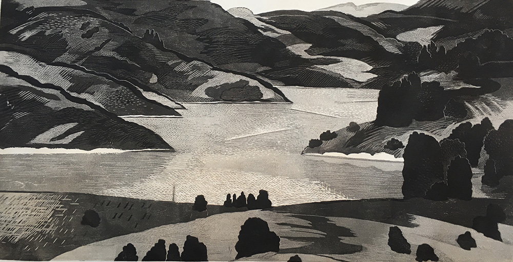 Donna Westerman, Lockdown at Briones Reservoir, Reduction woodcut, 12 in x 24 in, 2020