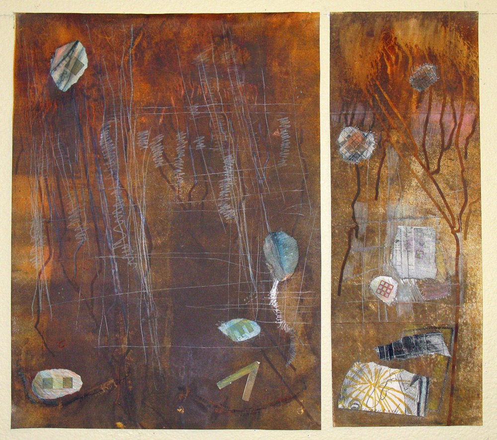 Jami Taback, Aquifers, 24 in x 30in, Diptych, Collage, Rust Eco Dye, scribbling, 2020