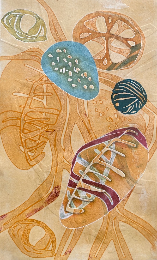 Janis O'Driscoll, Memory-Trace Cells, Monotype with Stencils, 17 in x 10 in, 2021