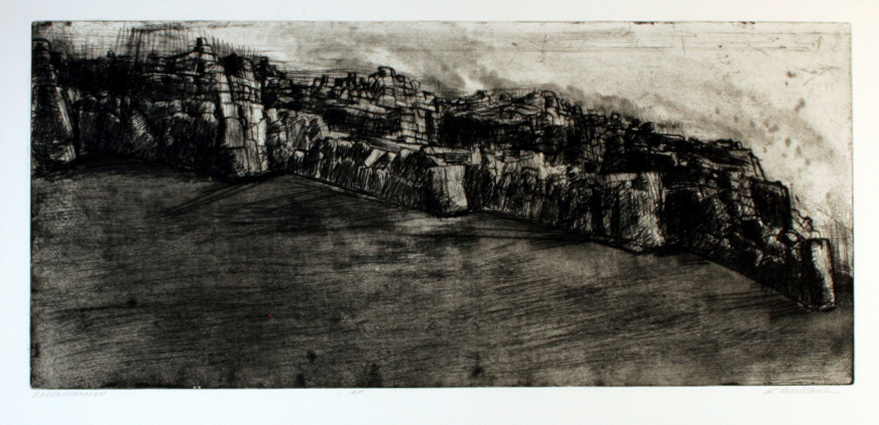 Lynn Newcomb, Sacsayhuaman, etching, 16 in x 36 in 2018