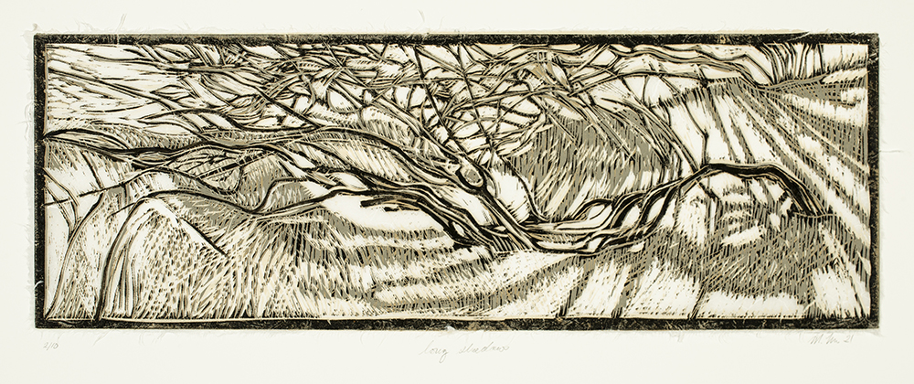 Margaret Niven, Long Shadows, reduction linocut on mulberry paper, 15 in x 30 in, 2021