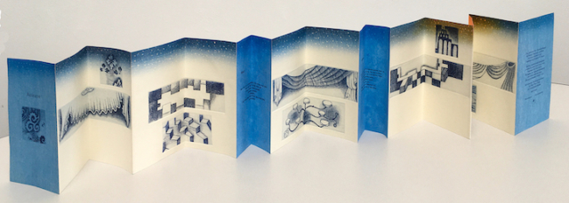 Karen Kunc Release bookwork: etching, woodcut, letterpress accordian folded intoin covered box