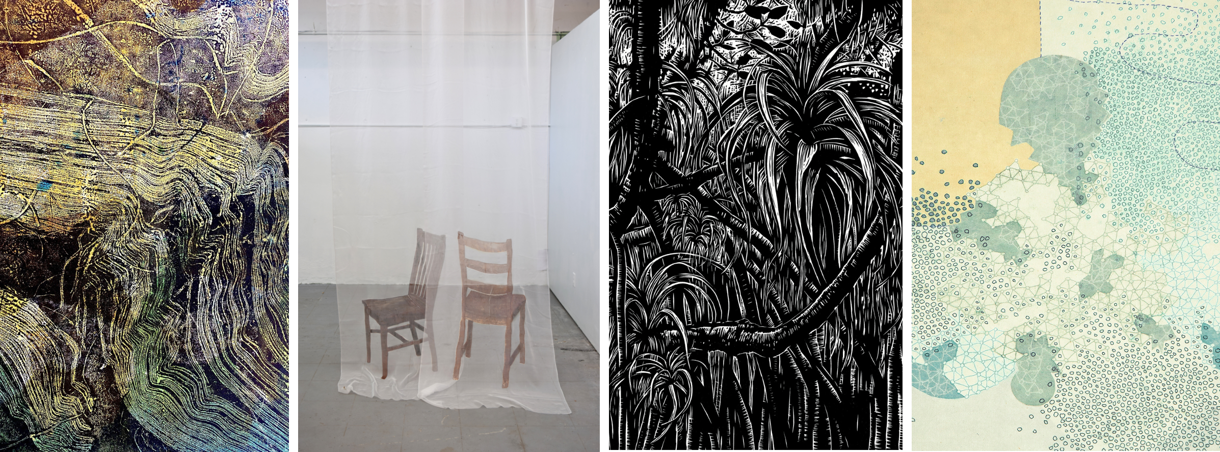 images : John Schilling “Untitled 2" monotype, 6"x8" 2022; Emily Gui "Chairs" screen print on silk, 60 x 192 (height variable), 2019; Mollie Doctrow "In the Mangroves", woodcut, 18"x14", 2019 ; Sarah Smelser "Defying the Laws I" monotype, 20 x 16 in 2019.