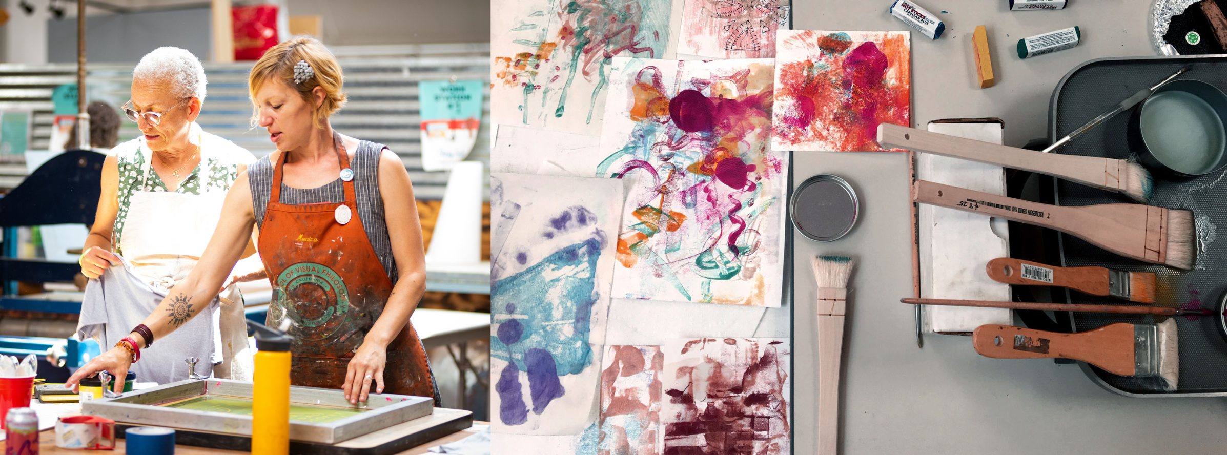 Dana Harris Seeger, Master printer with screen printing student on left and an example of an encaustic monotype set up on the right.