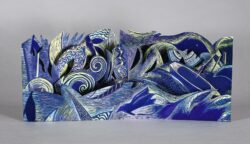 Luz Marina Ruiz, Resiliency I: linocut, stencil monotype, hand- colored with gouache and watercolor, artist book, carousel book construction; 24" x 12" x 10"; 2023.